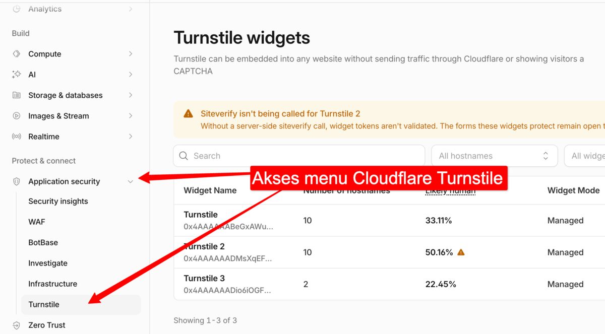 Akses menu Cloudflare Turnstile
