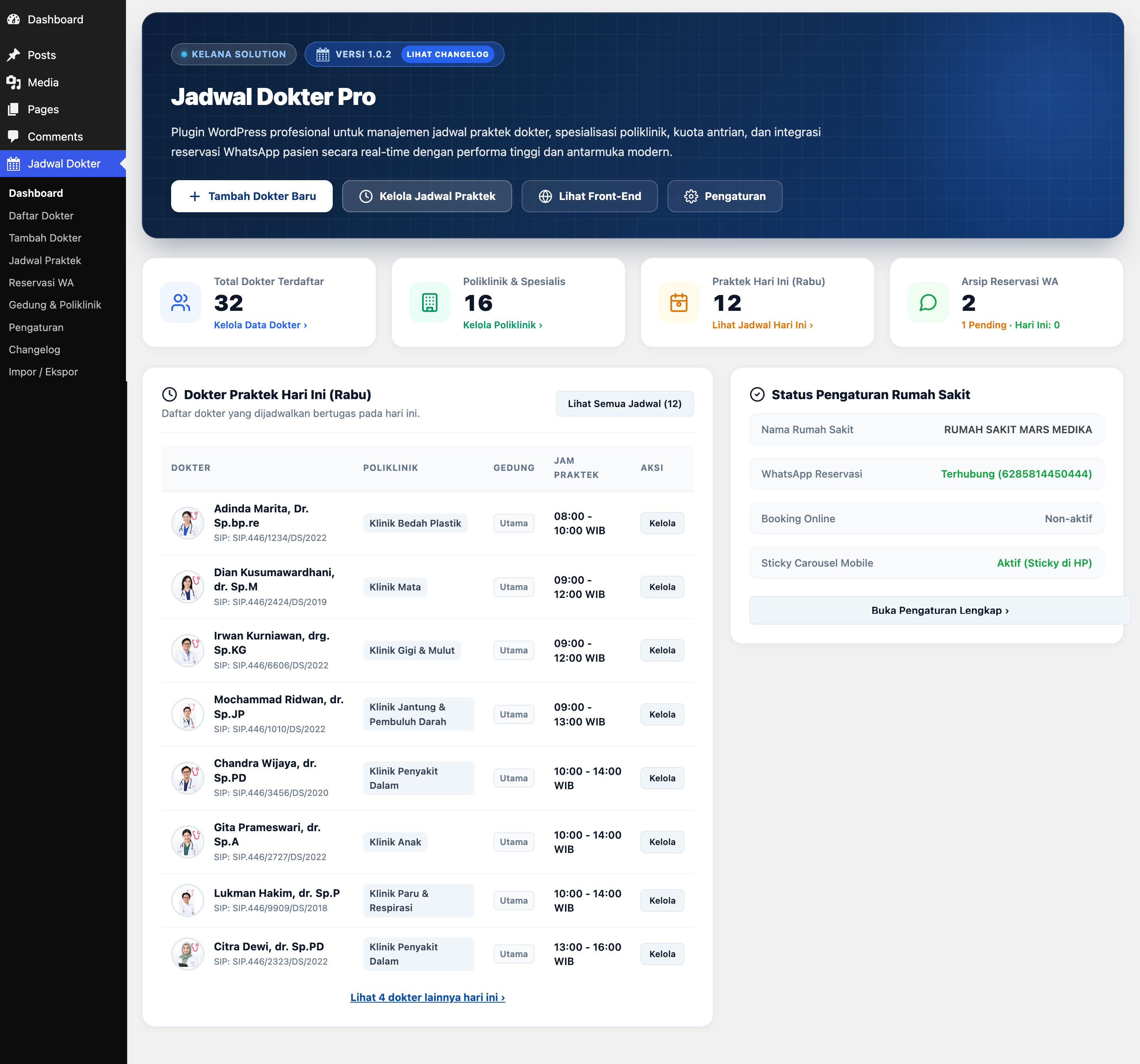 Dashboard Jadwal Dokter PRO WordPress