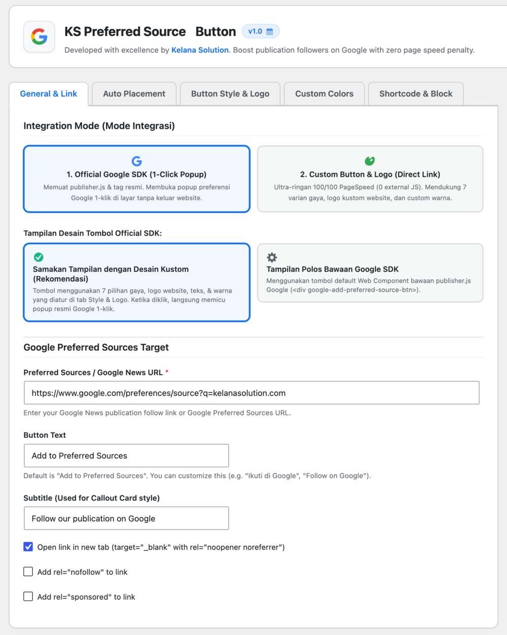 Plugin WordPress KS Google Preferred Source Button