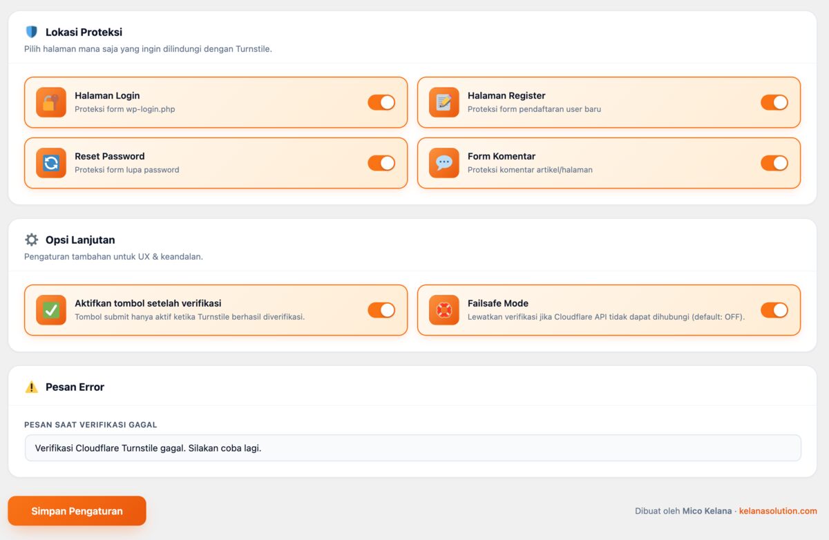 Pengaturan plugin Cloudflare turnstile WordPress