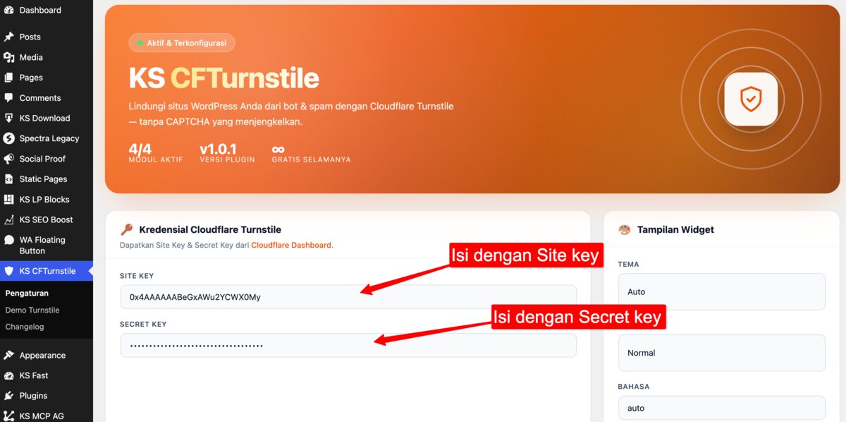 Pengaturan plugin KS CF Turnstile